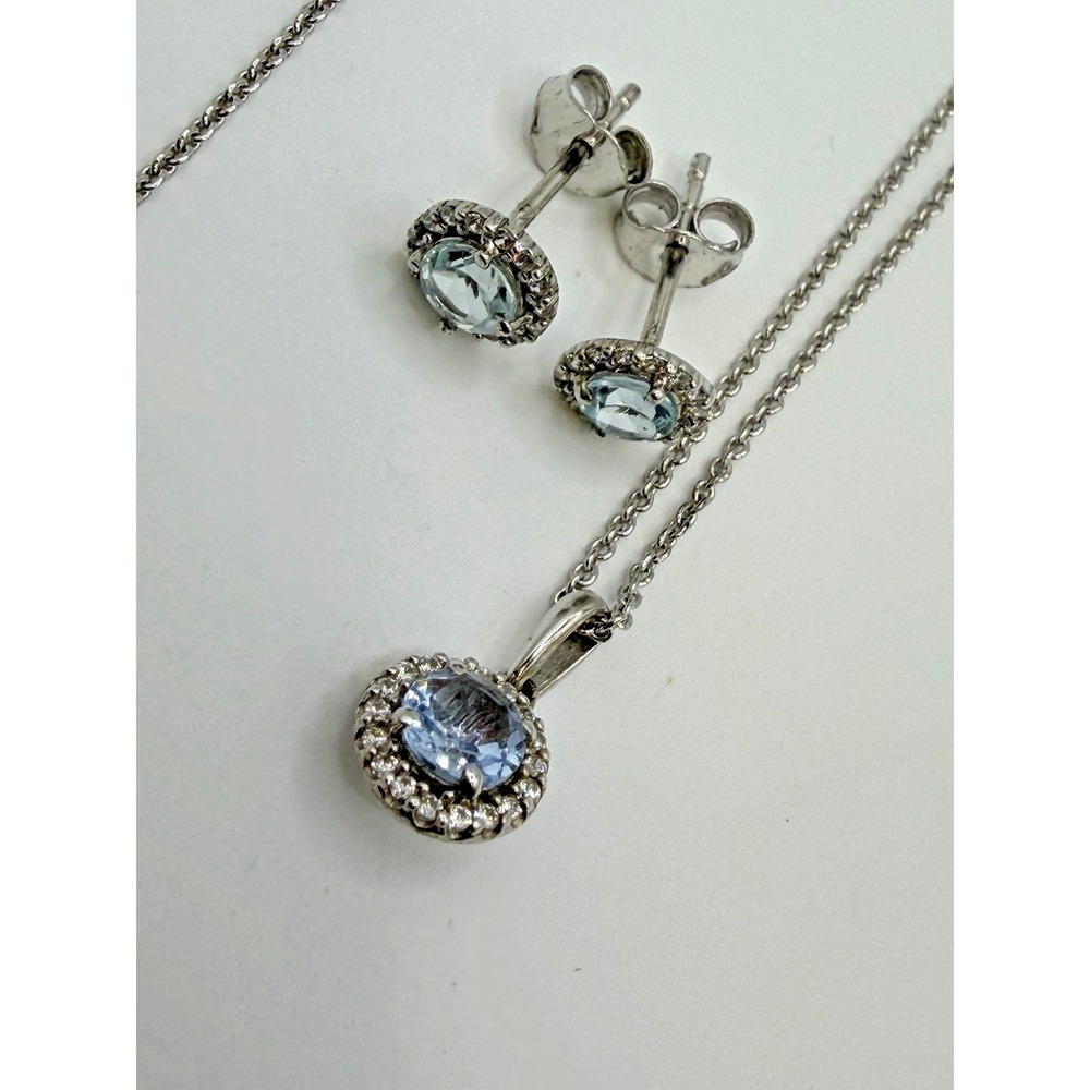 925 Sterling Silver Aquamarine Blue Halo Necklace & Stud Earrings Set CZ Bridal